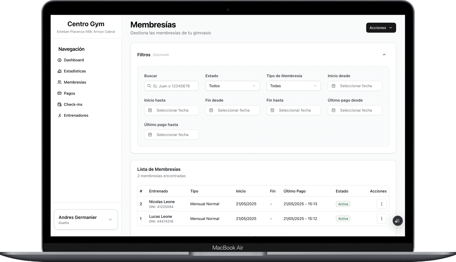 Dashboard de MyCentroGym